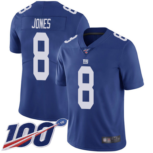 Men New York Giants #8 Daniel Jones Royal Blue Team Color Vapor Untouchable Limited Player 100th Season Football NFL Jersey